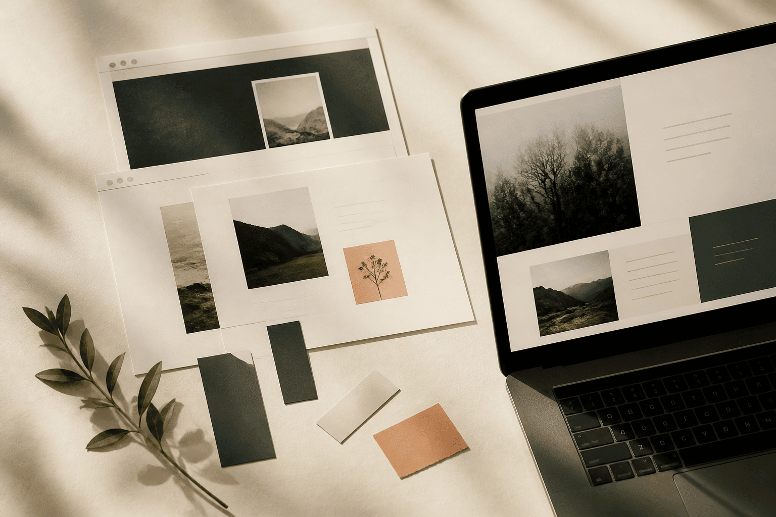 Website layouts, printouts and a laptop arranged on a warm studio table