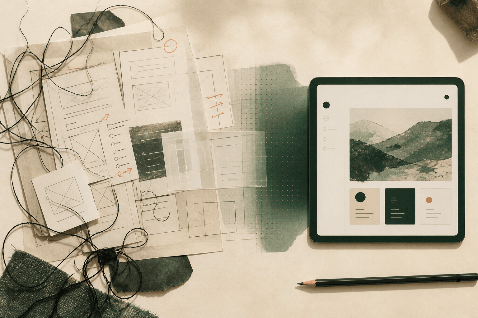 Messy paper wireframes resolving into a polished digital product on a tablet